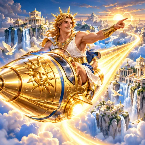 Apollo riding a golden rocket — fast Mythoswin login